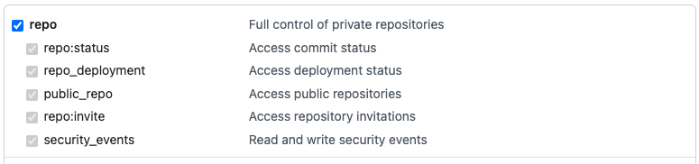 GitHub repository permission options; select only public_repo